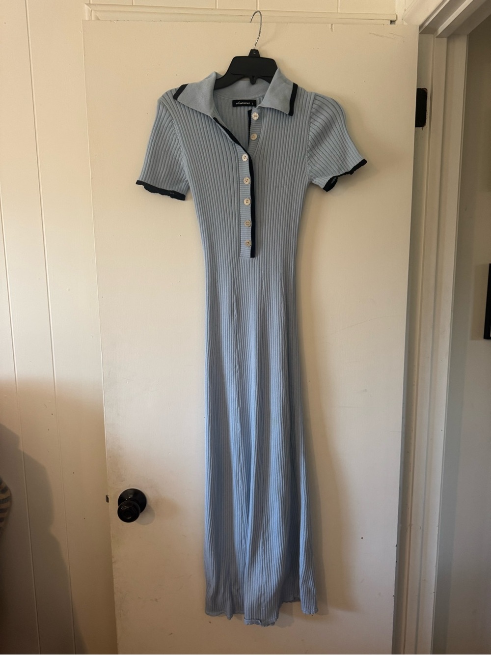 Olivaceous Light Blue Ribbed Polo Maxi Dress with Black Trim
